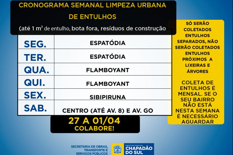 Confira o Cronograma de Limpeza Urbana semanal de Chapadão do Sul e Saiba quando descartar entulhos