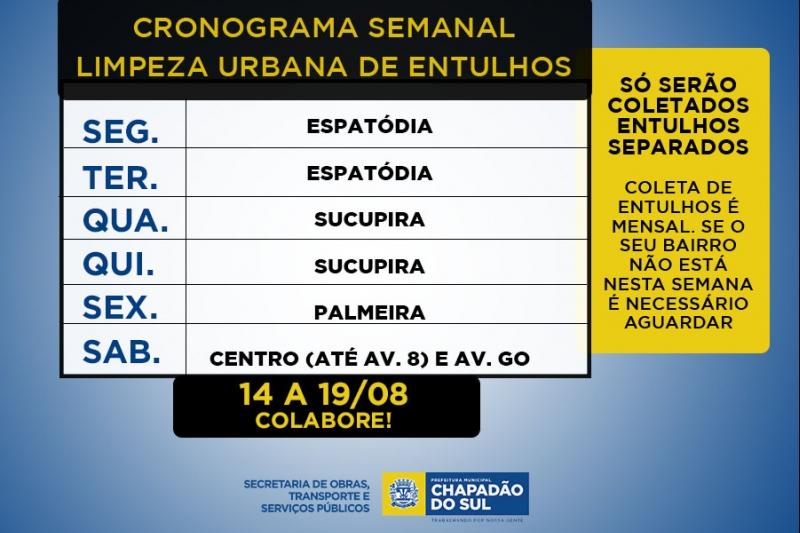 Confira o Cronograma de Limpeza Urbana semanal de Chapadão do Sul e Saiba quando descartar entulhos