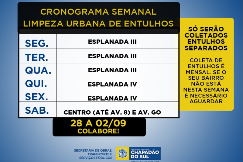 Confira o Cronograma de Limpeza Urbana semanal de Chapadão do Sul e Saiba quando descartar entulhos