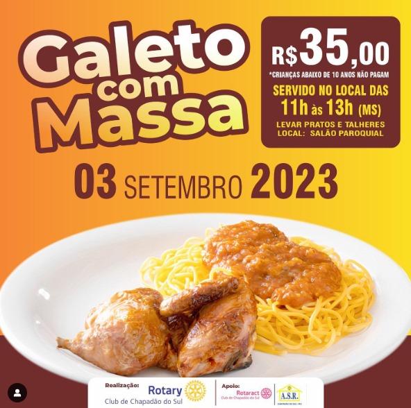 Neste domingo tem Galeto com Massa do Rotary Clube de Chapadão do Sul