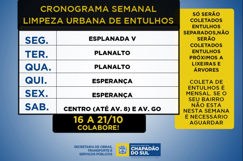 Confira o Cronograma de Limpeza Urbana semanal de Chapadão do Sul e Saiba quando descartar entulhos