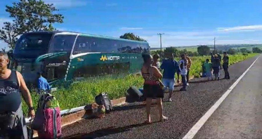 Ônibus sai da pista após desviar de anta na BR-060, próximo a Paraíso das Águas