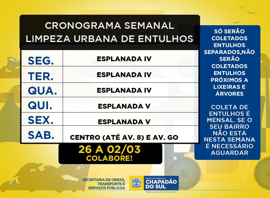 Confira o Cronograma de Limpeza Urbana semanal de Chapadão do Sul e Saiba quando descartar entulhos