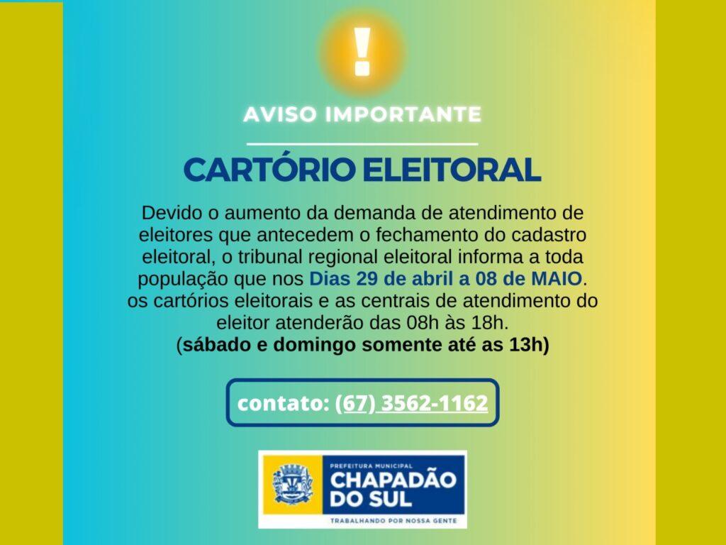 Cartório Eleitoral abre neste domingo até as 13h em Chapadão do Sul