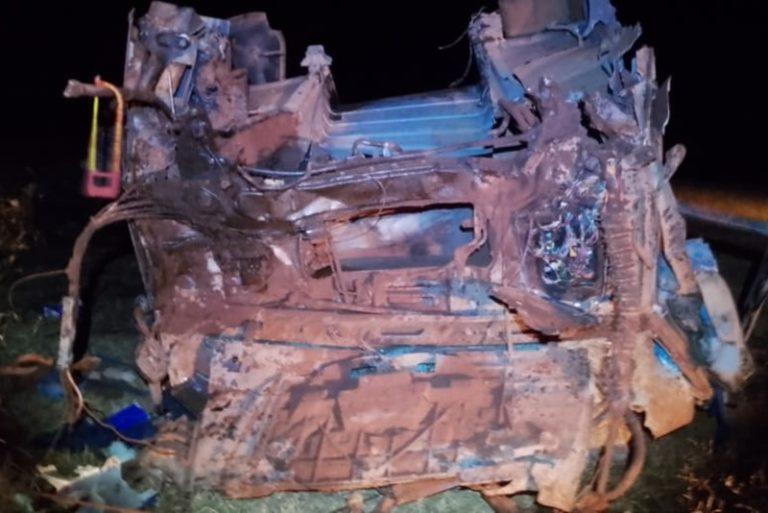 Carreta carregada com gado fica destruída em grave acidente na BR-60 e motorista sai com vida