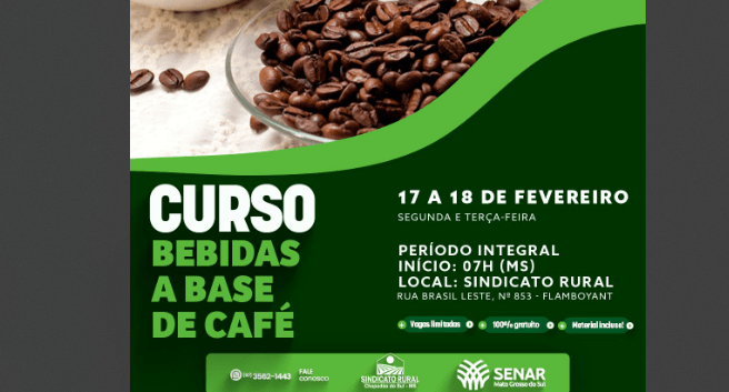 Curso gratuito de Bebidas a base de Café no Sindicato Rural, faça sua inscrição