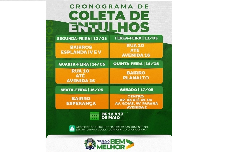 Coleta de Entulhos: Fique atento ao cronograma desta semana