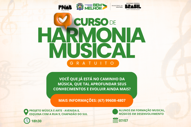 Prefeitura abre inscrições para curso gratuito de Harmonia Musical