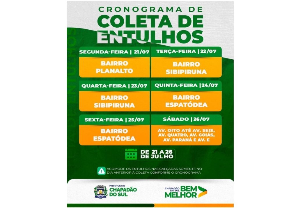 Atenção ao cronograma de coleta de entulhos: 21 a 26 de julho