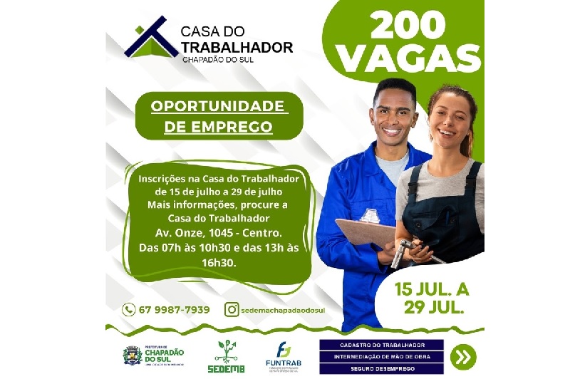 Casa do Trabalhador abre 200 vagas de emprego para diversas áreas em Chapadão do Sul