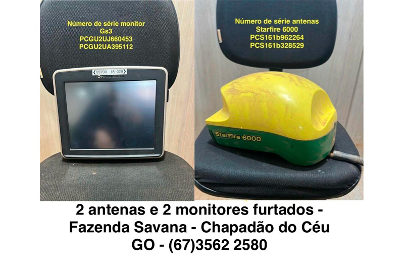 Fazenda em Chapadão do Céu tem duas antenas e dois monitores para GPS furtados