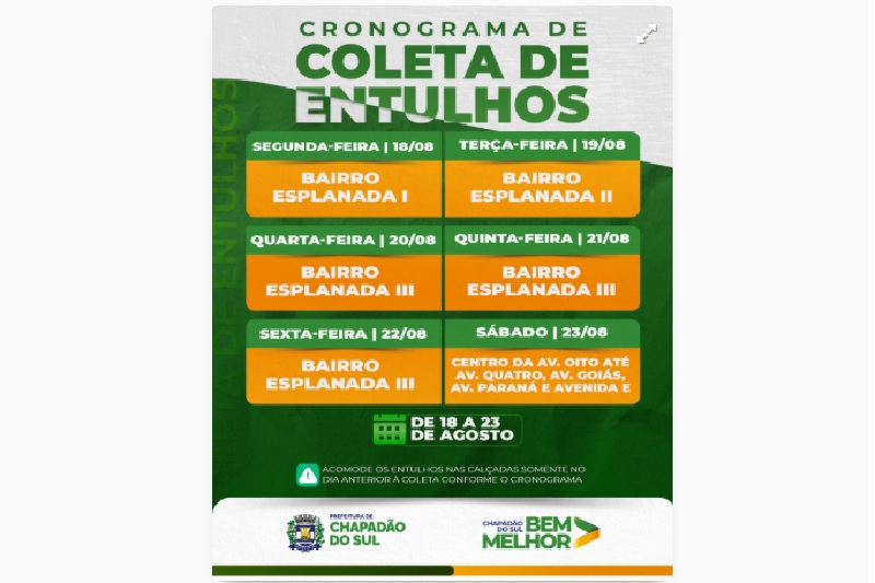 Atenção ao cronograma de coleta de entulhos em Chapadão do Sul: 18 a 23 de agosto