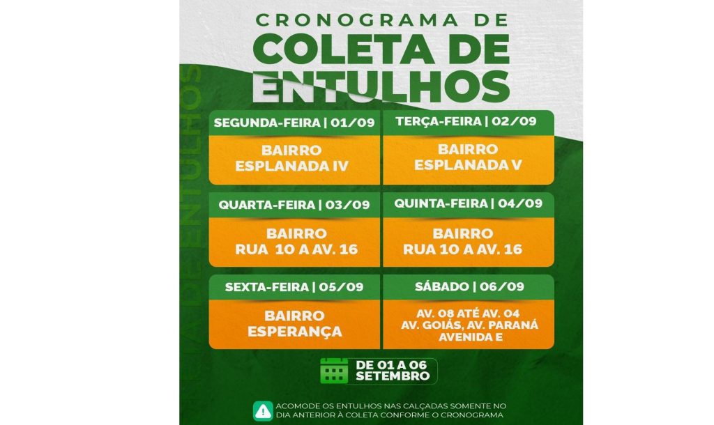 Coleta de entulhos de 1 a 6 de setembro