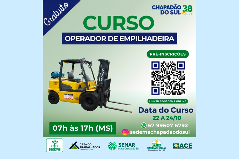 Prefeitura de Chapadão do Sul abre as inscrições para o curso gratuito de Operador de Empilhadeira