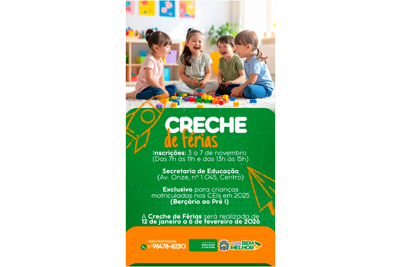 Creche de férias: Inscrições de 03 a 07 e novembro em Chapadão do Sul