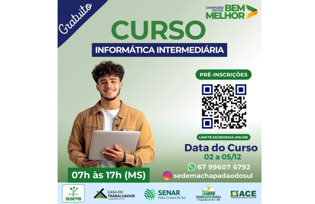 Curso gratuito de Informática Intermediária está com pré-inscrições abertas em Chapadão do Sul