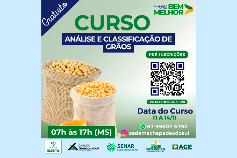 Executivo Municipal de Chapadão do Sul abre inscrições para curso gratuito de Análise e Classificação de Grãos