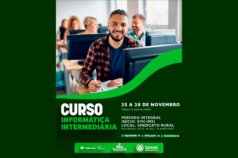 Curso gratuito de informática intermediária é oferecido pelo Sindicato Rural de Chapadão do Sul
