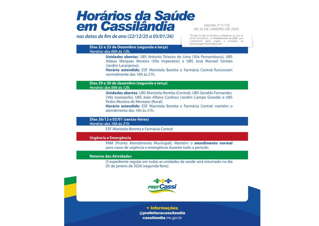 Prefeitura divulga horários da Saúde em Cassilândia durante o fim de ano