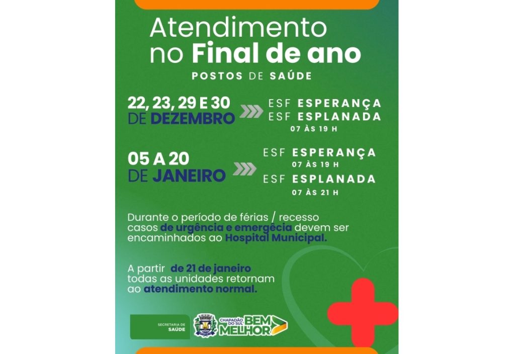 Secretaria de Saúde divulga funcionamento das unidades durante o fim de ano e janeiro
