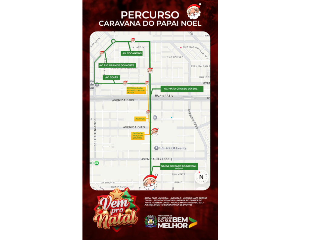 Caravana do Papai Noel percorre Chapadão do Sul hoje; veja a rota completa