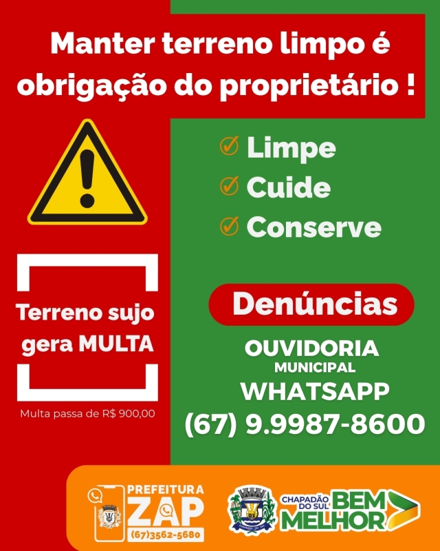 Proprietário deve manter terreno baldio limpo. Multa ultrapassa R$ 900,00