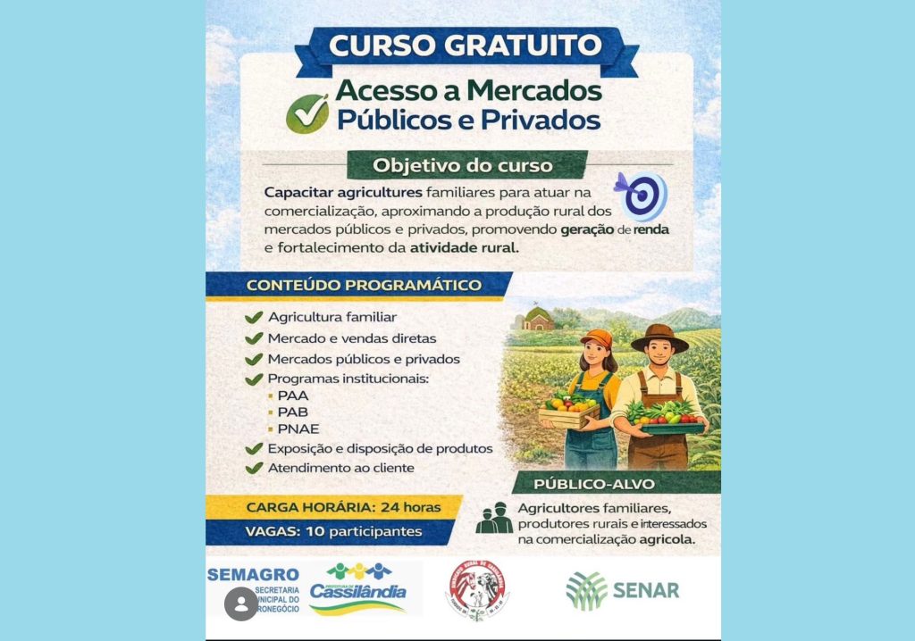 SEMAGRO abre inscrições para curso gratuito sobre acesso a mercados públicos e privados em Cassilândia