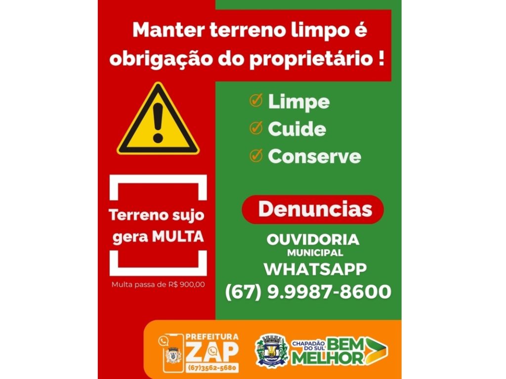 Proprietário deve manter terreno baldio limpo, a multa ultrapassa R$ 900,00