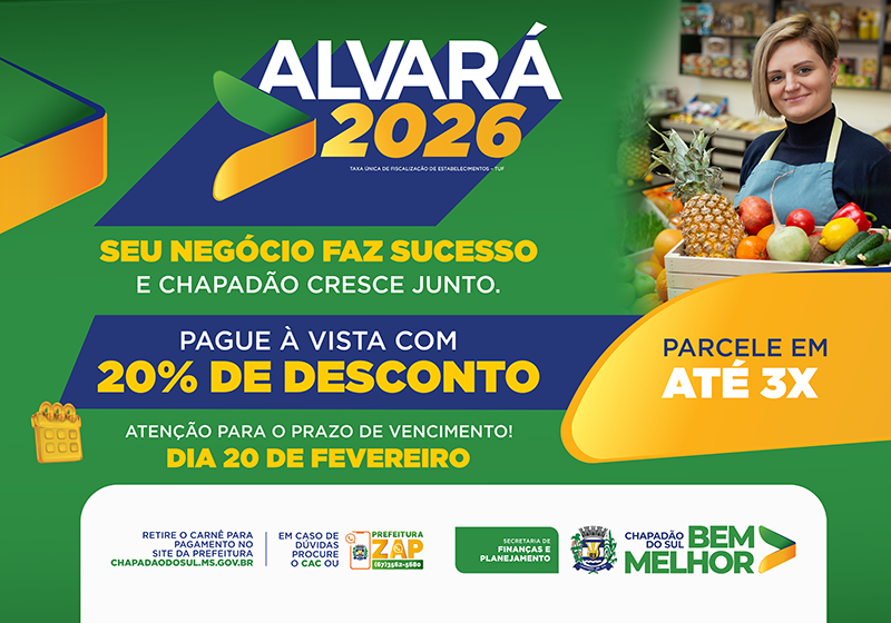 Contribuintes têm até o dia 20 de fevereiro para pagar o Alvará 2026 com desconto