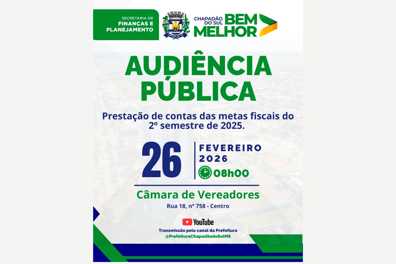Marcada para dia 26 audiência pública para prestação de contas da Prefeitura de Chapadão do Sul