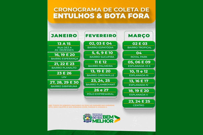 Prefeitura de Chapadão do Sul atualiza cronograma da coleta de entulhos e bota fora com planejamento até março