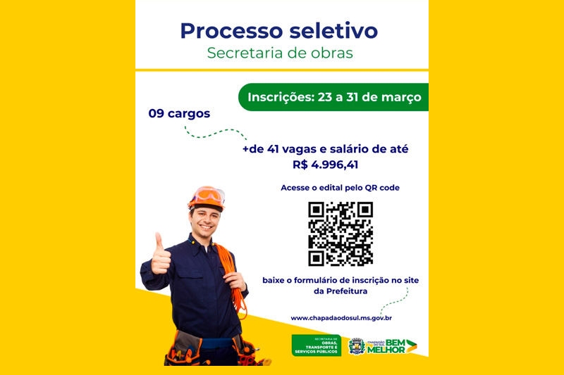 Termina nesta terça-feira, 31, prazo para inscrição em Processo Seletivo da Secretaria de Obras