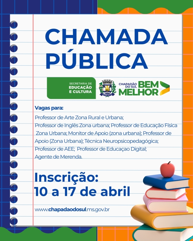 Secretaria de Educação abre vagas em chamada pública para várias áreas; inscrições vão até 17 de abril