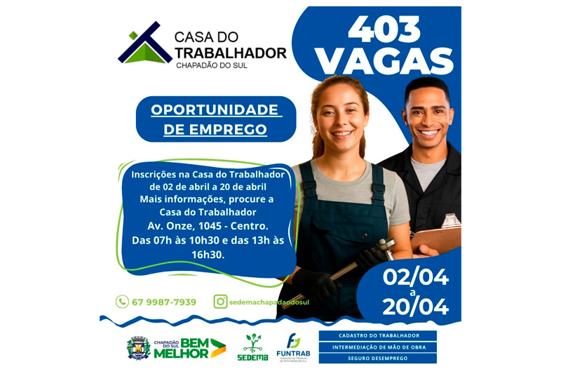 Casa do Trabalhador de Chapadão do Sul está com mais de 400 vagas de empregos
