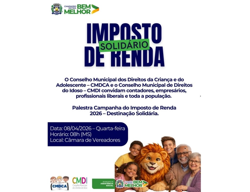 Palestra gratuita sobre Imposto de Renda Solidário e Destinação Solidária 2026 no dia 8 de abril