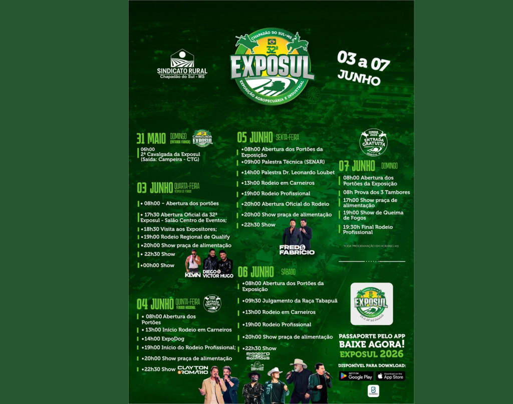 Nesta quarta começa a 32ª Exposul com presença do Governador, veja a programação