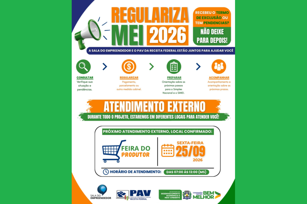 Regulariza MEI terá atendimento na Feira do Produtor no dia 25 de setembro