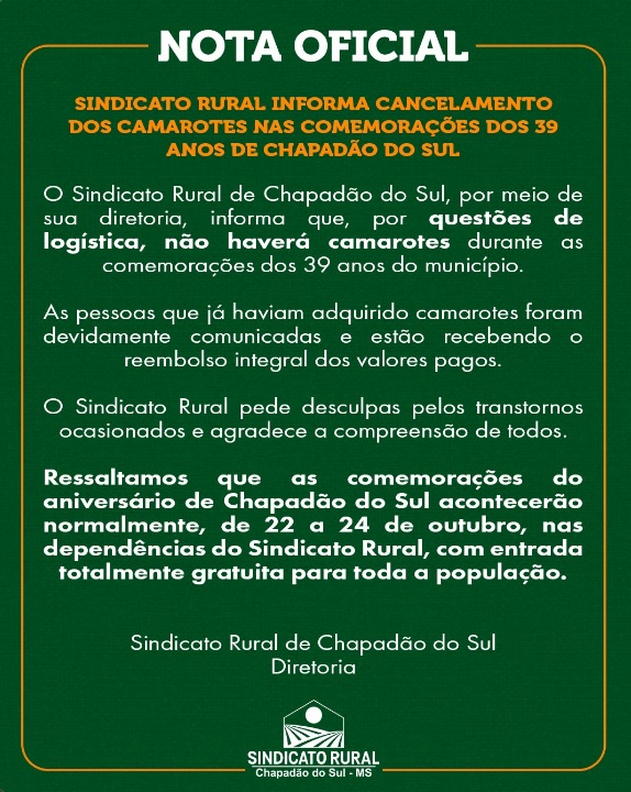 Sindicato Rural de Chapadão do Sul cancela camarotes nas comemorações do aniversário do município
