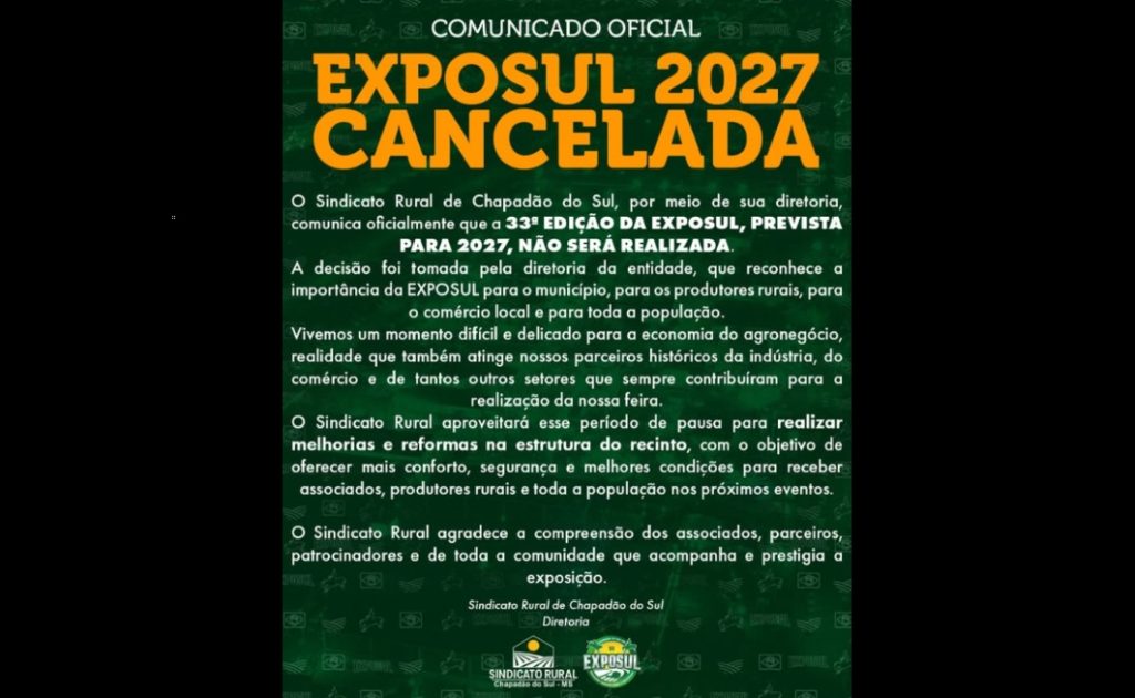 Sindicato Rural de Chapadão do Sul suspende a realização da 33ª Exposul